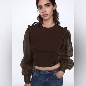 Zara Brown Ruffle Blouse Knit Puff Sheer Long Sleeves Crew Neck Sweater Top EUC